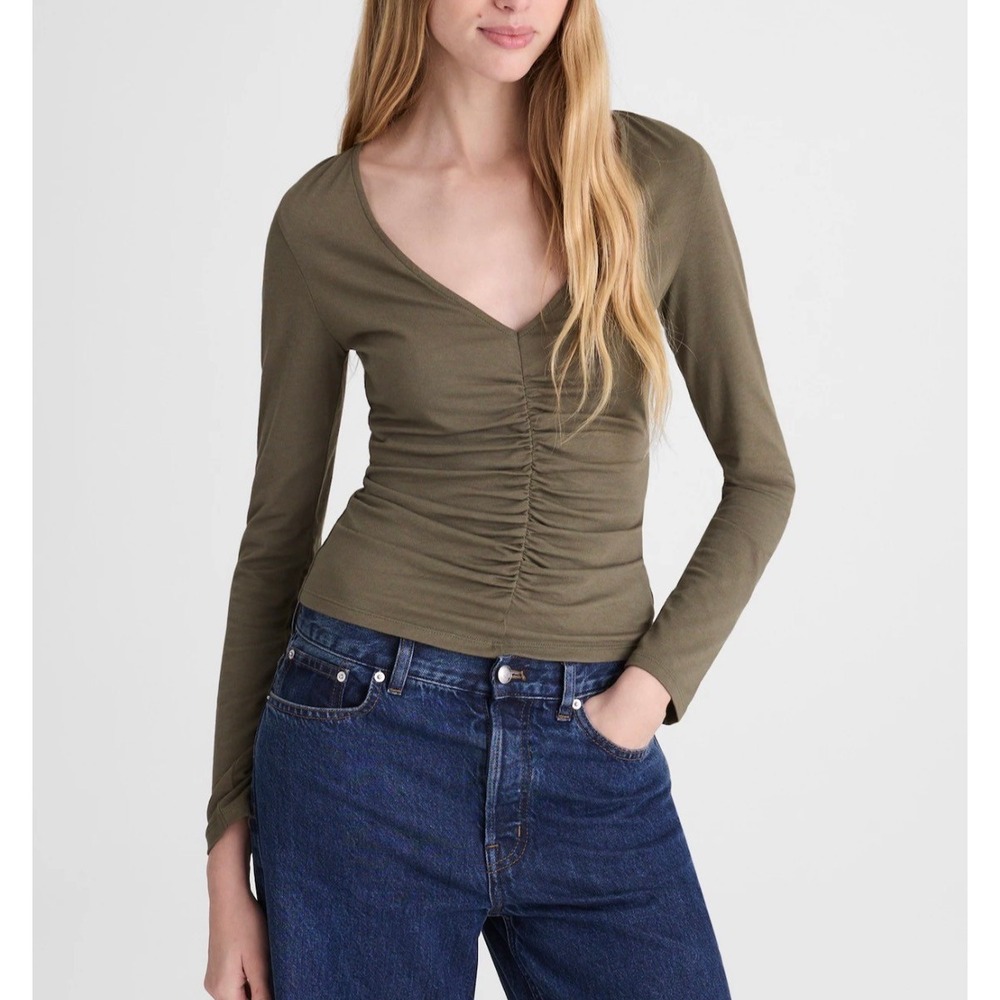 Madewell Womens Ruched V-Neck Long Sleeve Top Blouse Olive Green L Large New